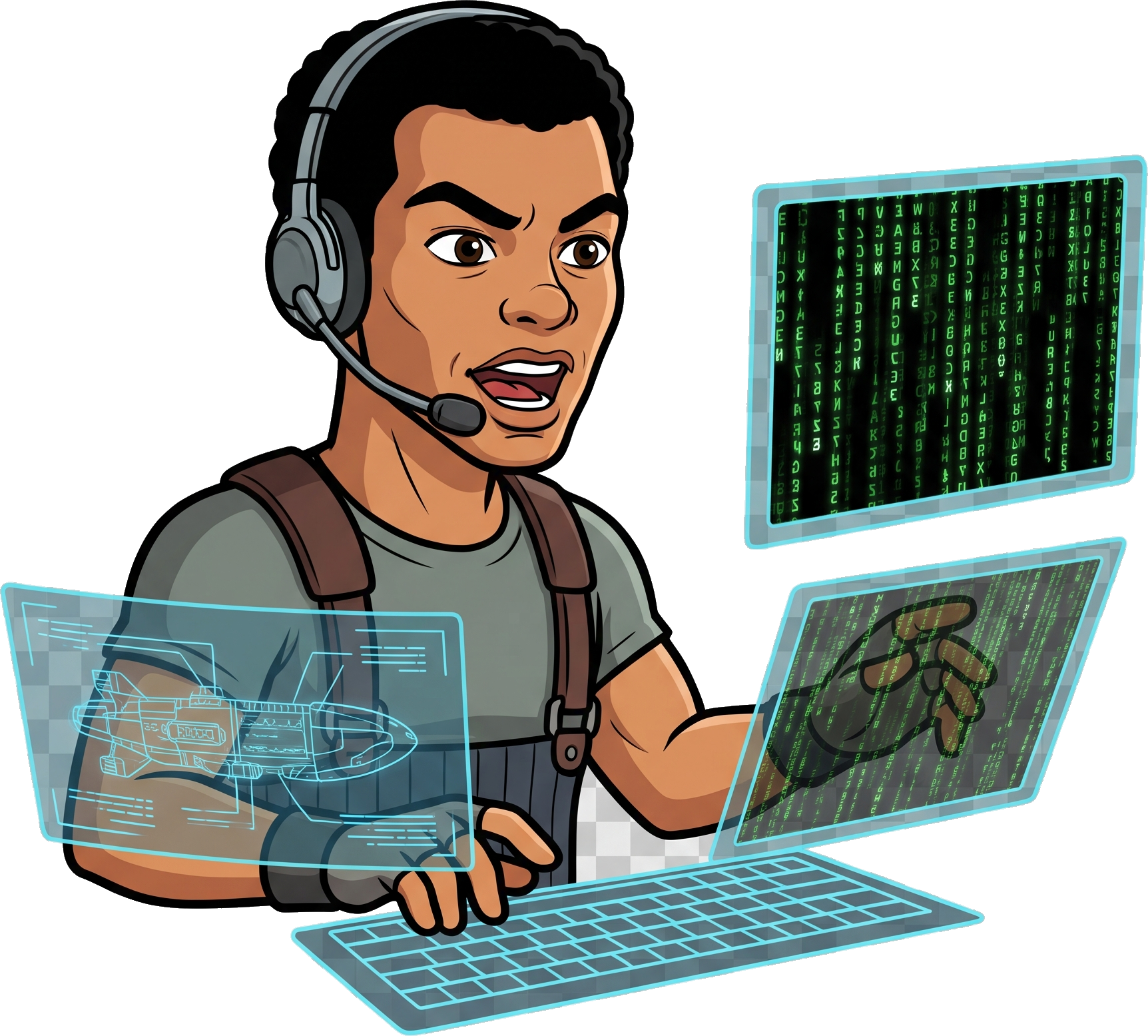 An operator jacked in, watching the real world from the last human city